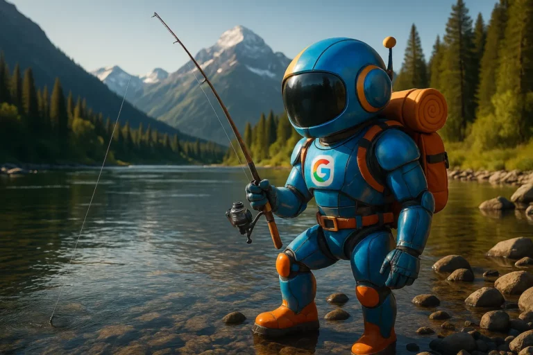 Robot google qui pêche dans une rivière