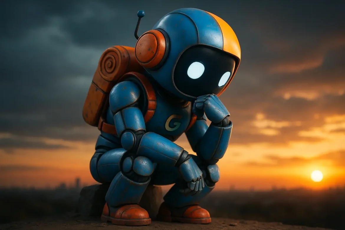 Robot google qui pense ave soleil couchant