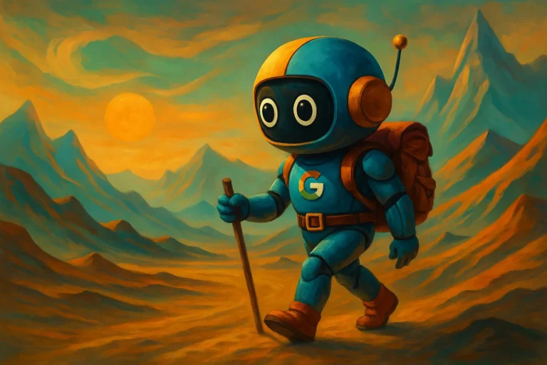 Robot google qui randonne dans la montagne