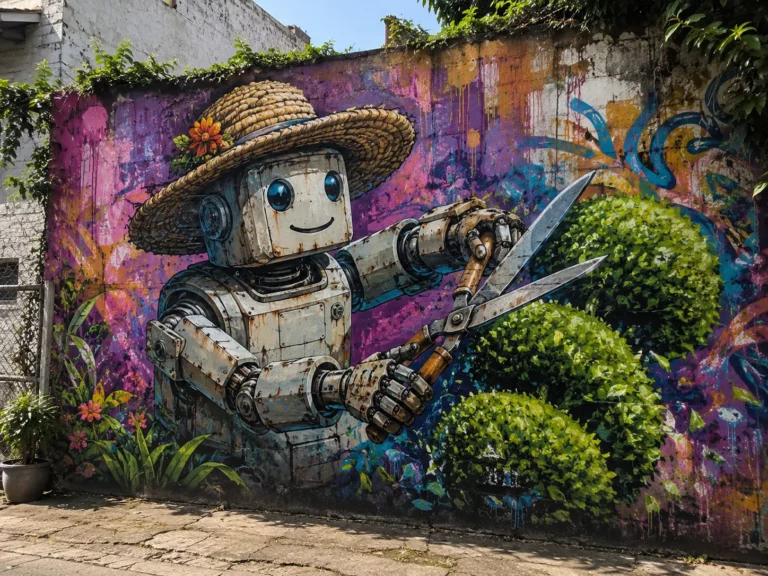Tag de robot en train de jardiner
