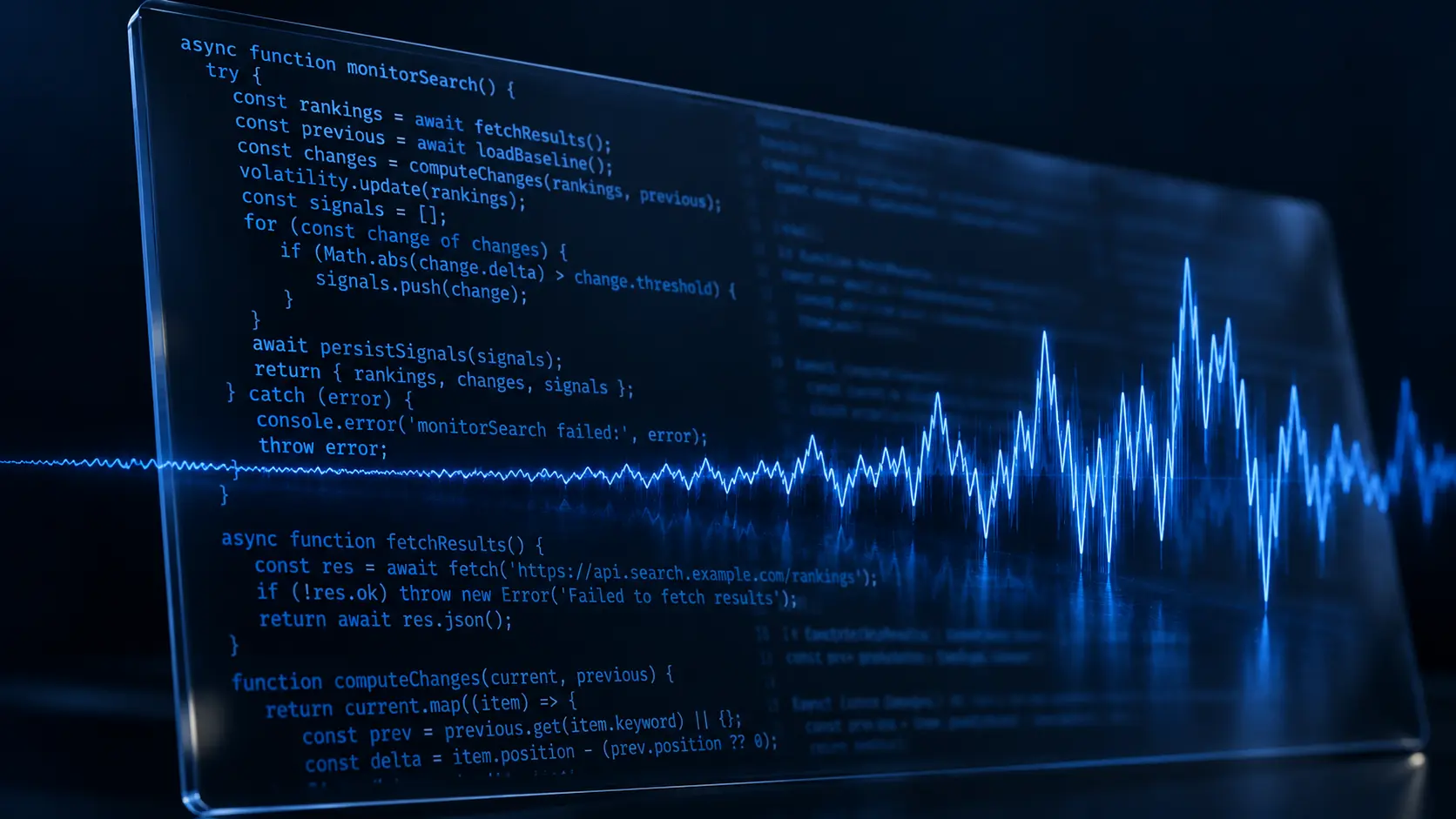 Sismographe bleu sur écran de code